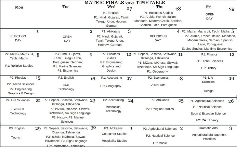 MATRIC EXAMINATION TIMETABLE